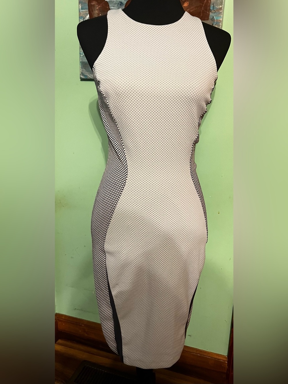 White Midi Sheath Dress with gray Contour Panels